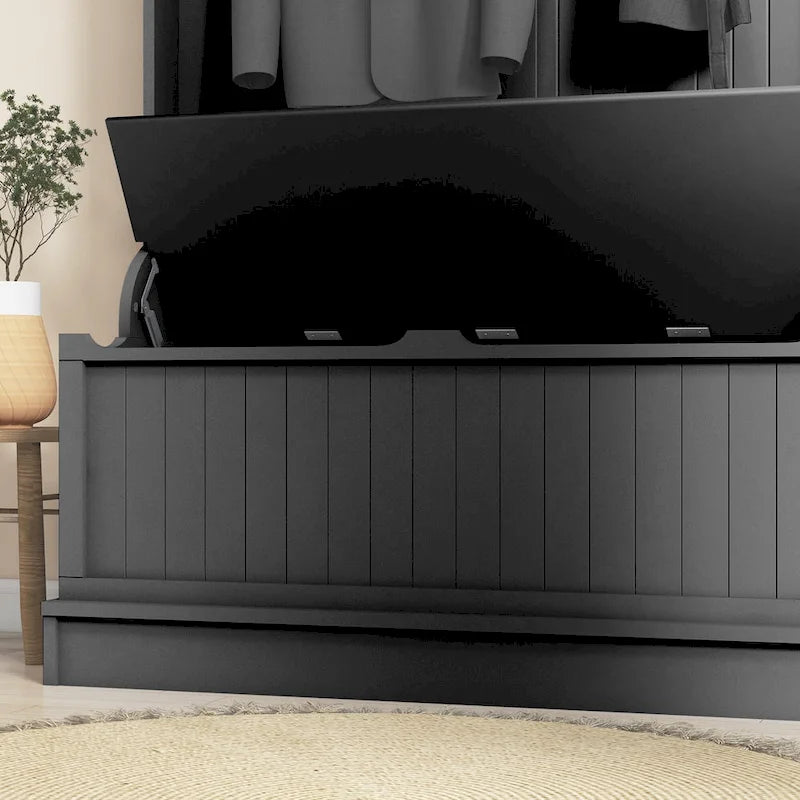38 3-In-1 Entryway Hall Tree with Storage Bench, Coat Rack with Four Hooks and Shoe Storage, Black