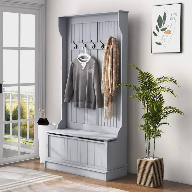 38 3-In-1 Entryway Hall Tree with Storage Bench, Coat Rack with Four Hooks and Shoe Storage, Black