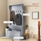 38 3-In-1 Entryway Hall Tree with Storage Bench, Coat Rack with Four Hooks and Shoe Storage, Black