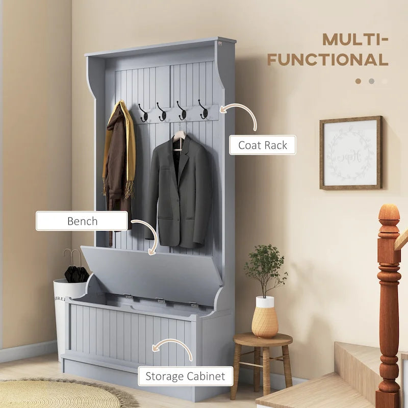 38 3-In-1 Entryway Hall Tree with Storage Bench, Coat Rack with Four Hooks and Shoe Storage, Black