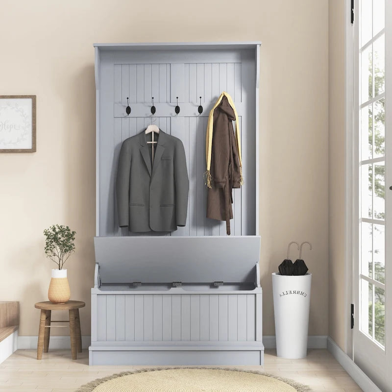 38 3-In-1 Entryway Hall Tree with Storage Bench, Coat Rack with Four Hooks and Shoe Storage, Black