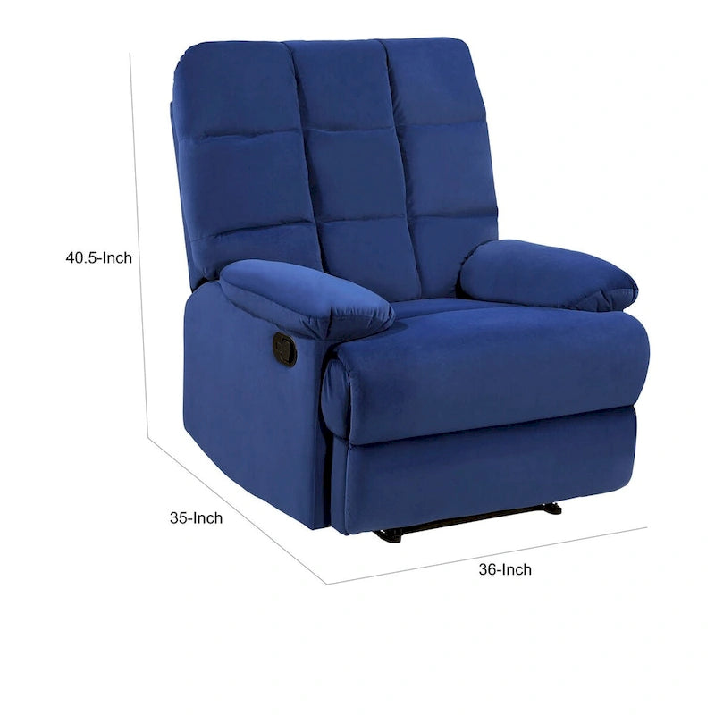 Fauteuil inclinable manuel de 36 pouces, rembourré, velours bleu, bois massif