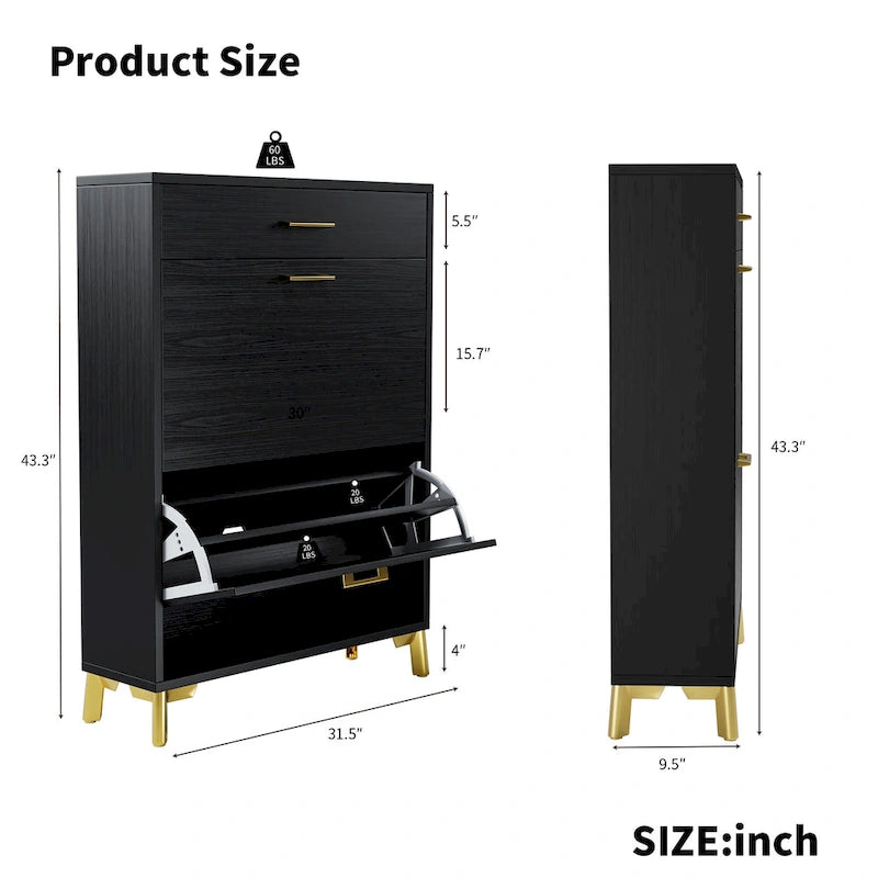 Shoe Storage Cabinet for Entryway, Free Standing Organizer with 2 Flip Drawers, Hidden Shoe Rack for Doorway Hallway Closet