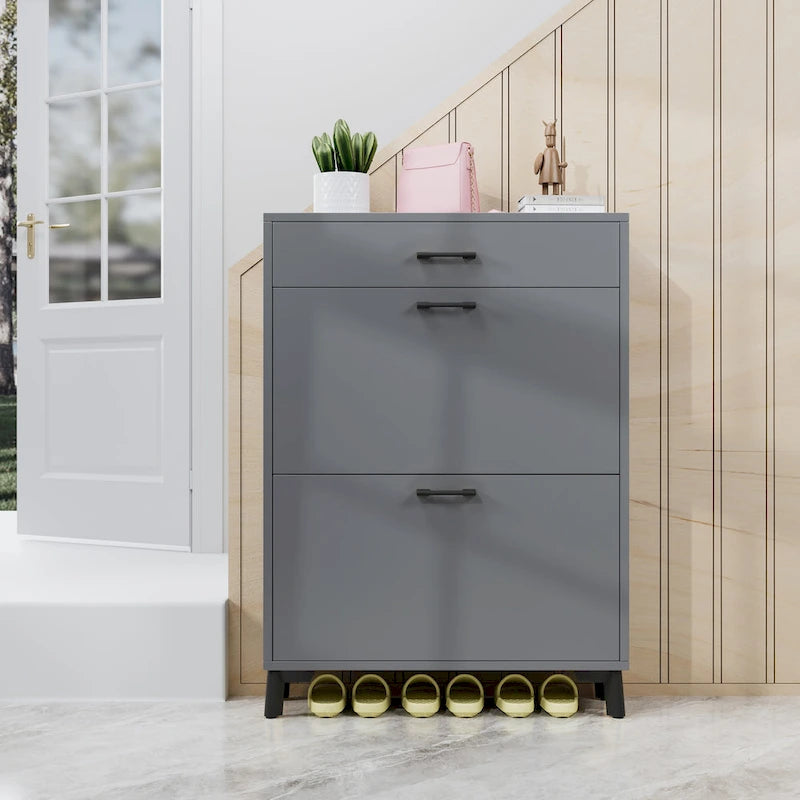 Shoe Storage Cabinet for Entryway, Free Standing Organizer with 2 Flip Drawers, Hidden Shoe Rack for Doorway Hallway Closet