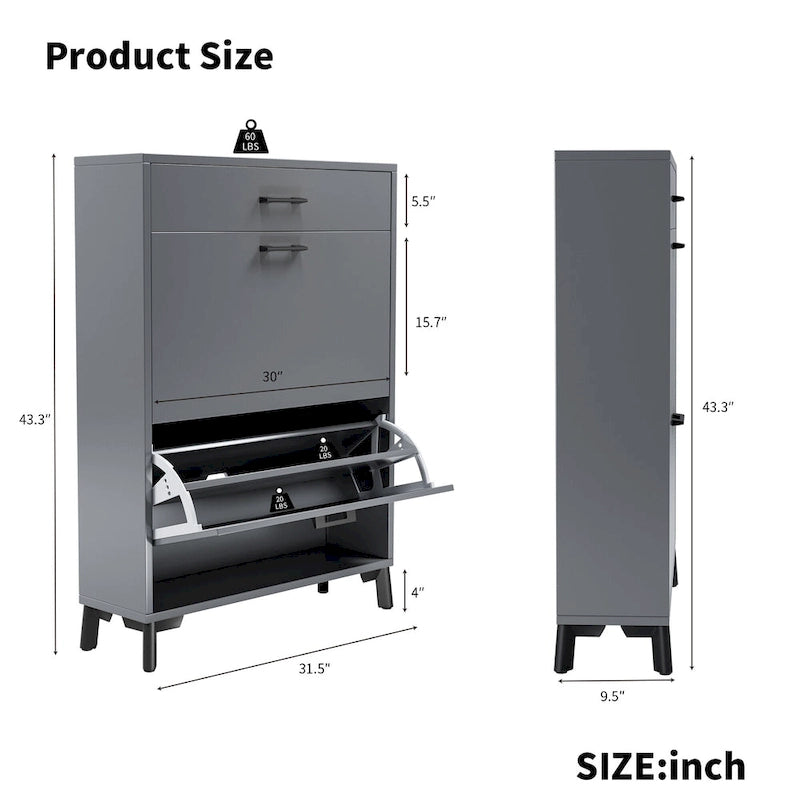 Shoe Storage Cabinet for Entryway, Free Standing Organizer with 2 Flip Drawers, Hidden Shoe Rack for Doorway Hallway Closet