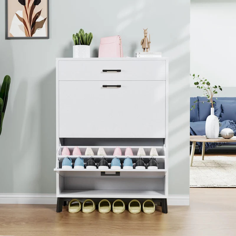 Shoe Storage Cabinet for Entryway, Free Standing Organizer with 2 Flip Drawers, Hidden Shoe Rack for Doorway Hallway Closet