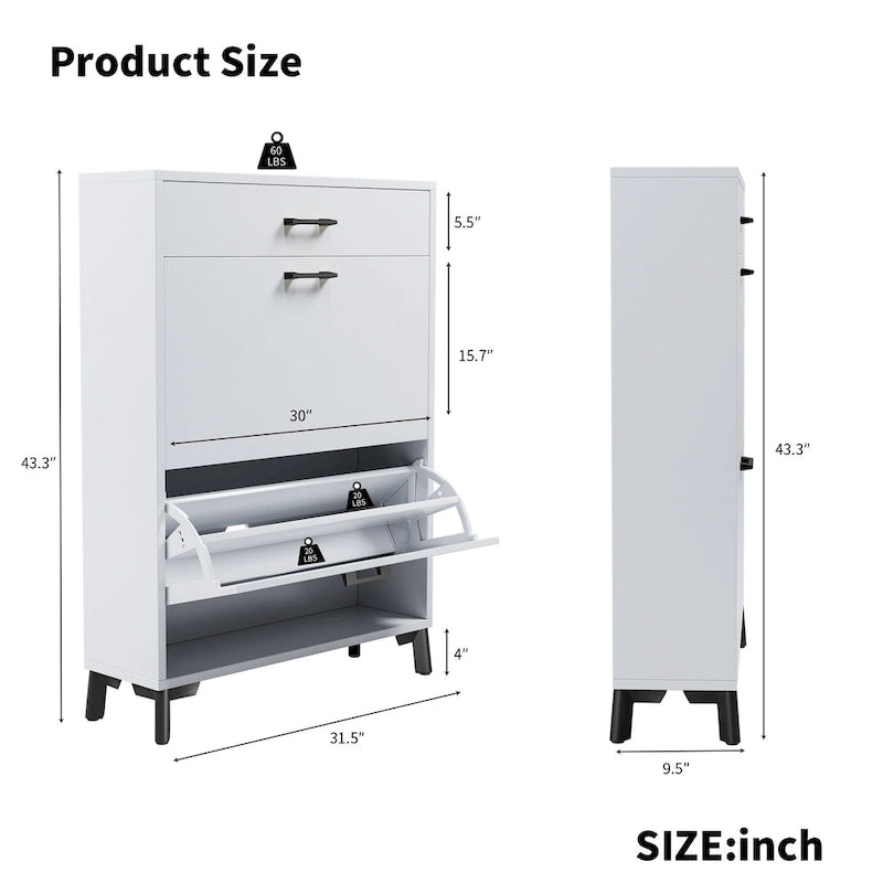 Shoe Storage Cabinet for Entryway, Free Standing Organizer with 2 Flip Drawers, Hidden Shoe Rack for Doorway Hallway Closet