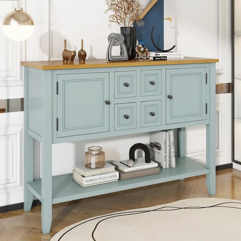 Console vintage de rangement avec quatre petits tiroirs et une étagère inférieure pour salons, entrées et cuisines
