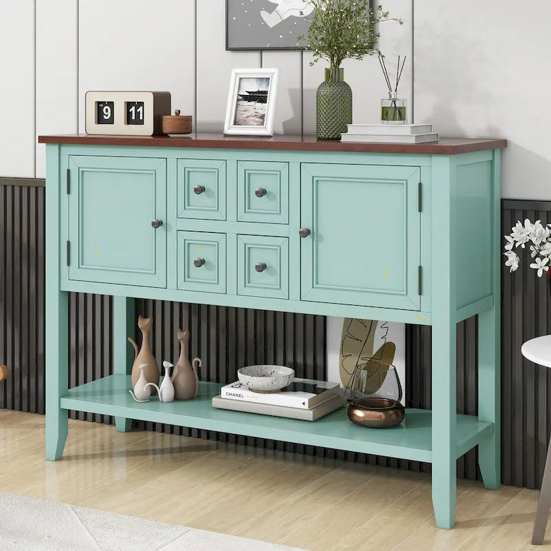 Console vintage de rangement avec quatre petits tiroirs et une étagère inférieure pour salons, entrées et cuisines