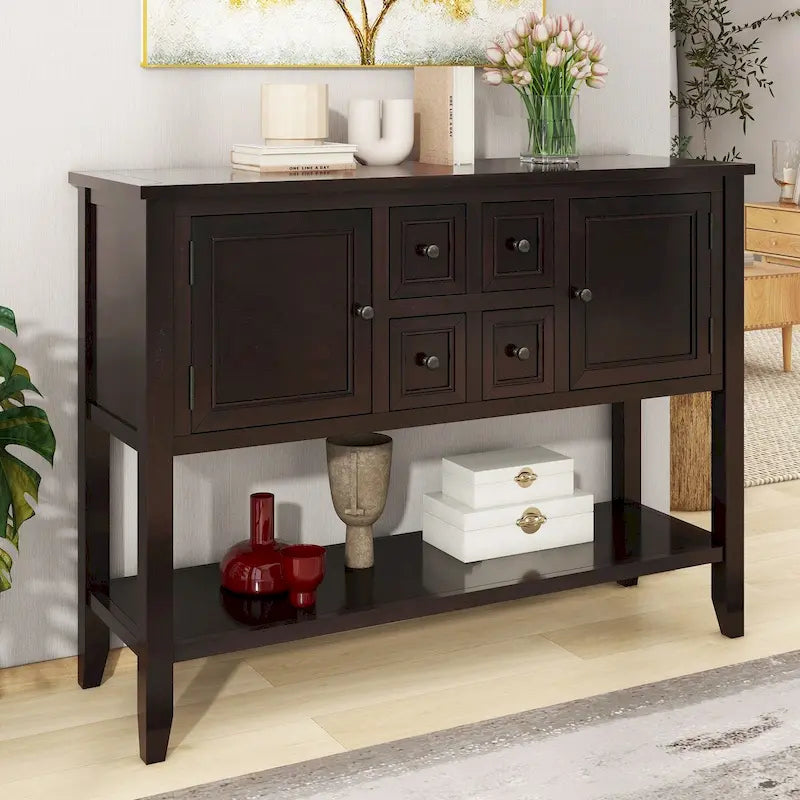 Console vintage de rangement avec quatre petits tiroirs et une étagère inférieure pour salons, entrées et cuisines