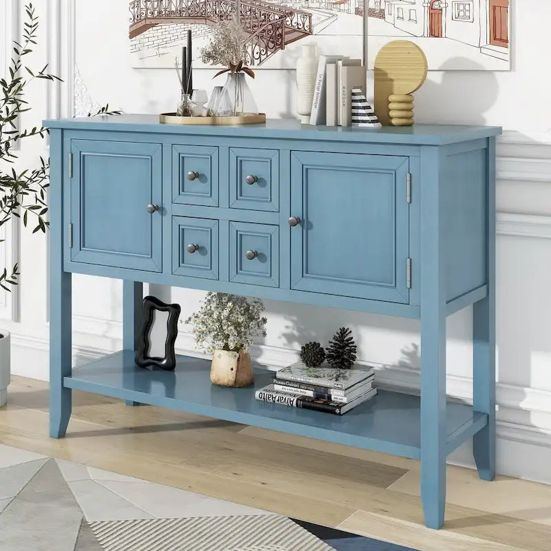 Console vintage de rangement avec quatre petits tiroirs et une étagère inférieure pour salons, entrées et cuisines