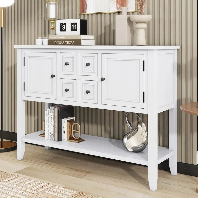 Console vintage de rangement avec quatre petits tiroirs et une étagère inférieure pour salons, entrées et cuisines