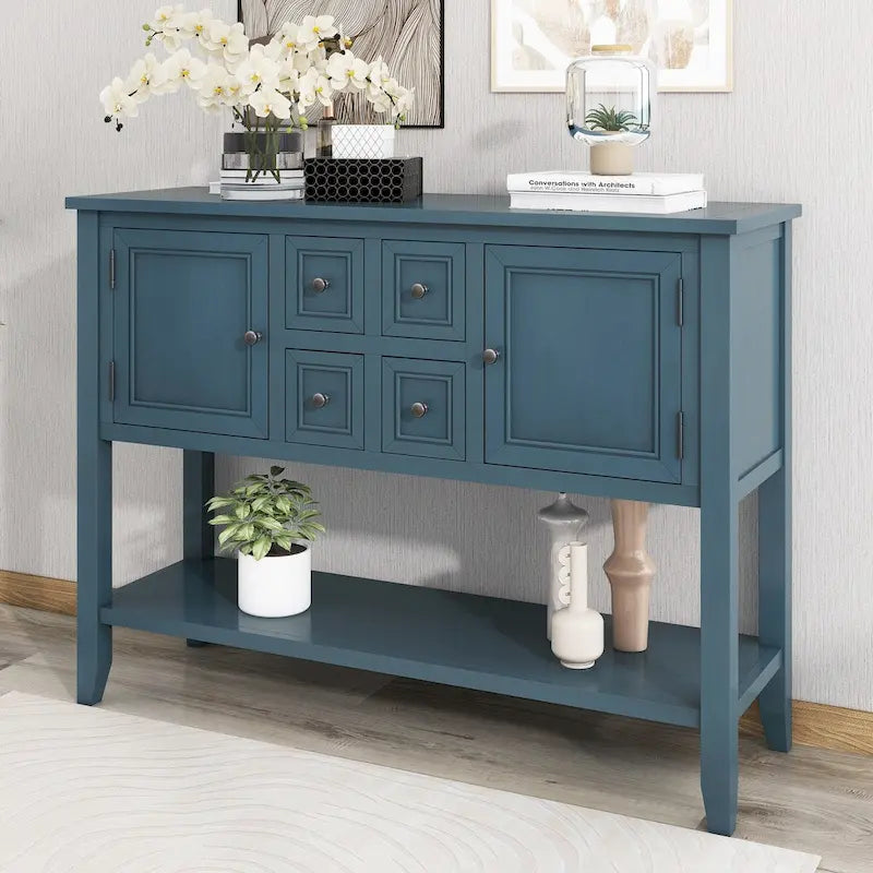 Console vintage de rangement avec quatre petits tiroirs et une étagère inférieure pour salons, entrées et cuisines