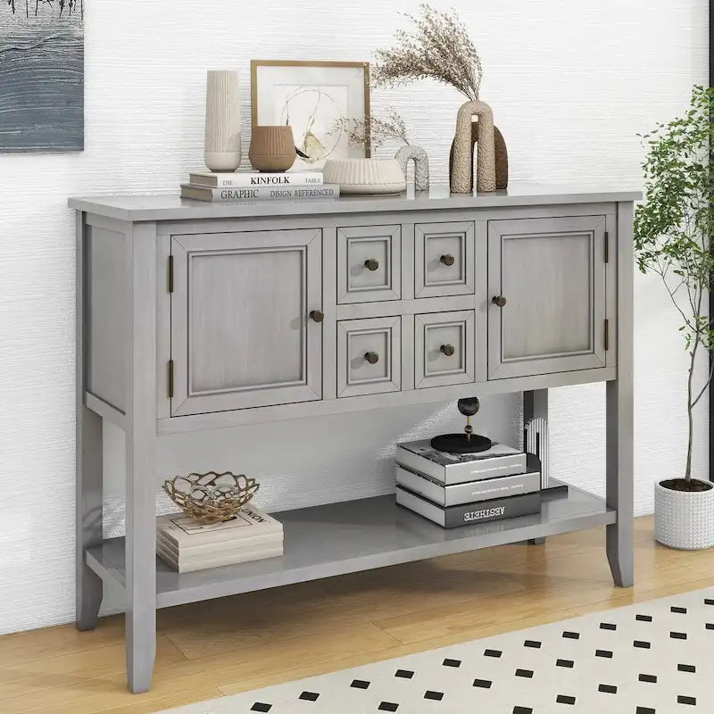 Console vintage de rangement avec quatre petits tiroirs et une étagère inférieure pour salons, entrées et cuisines