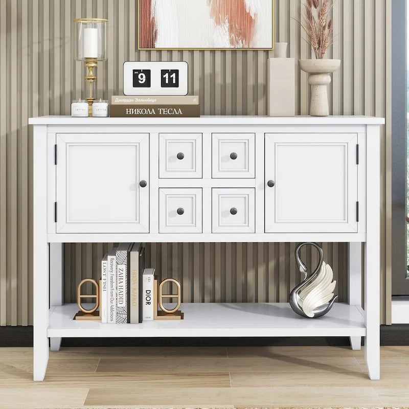 Storage Vintage Console Table with Four Small Drawers and Bottom Shelf for Living Rooms, Entrances and Kitchens