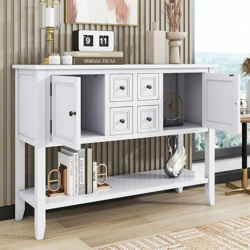 Console vintage de rangement avec quatre petits tiroirs et une étagère inférieure pour salons, entrées et cuisines