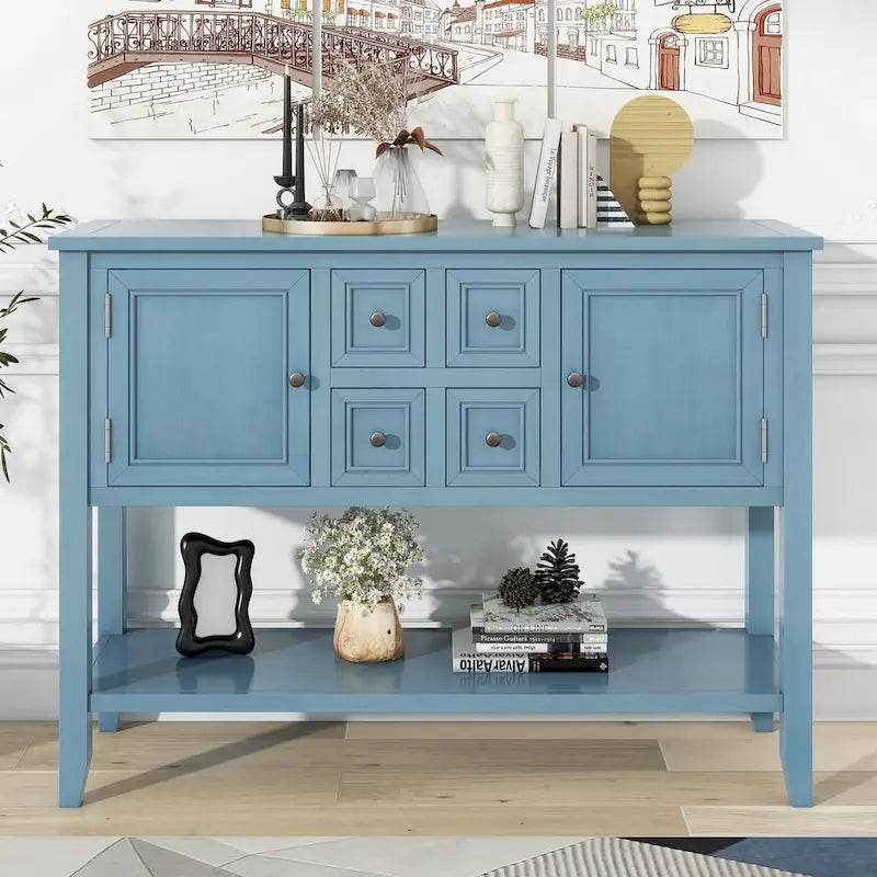 Console vintage de rangement avec quatre petits tiroirs et une étagère inférieure pour salons, entrées et cuisines