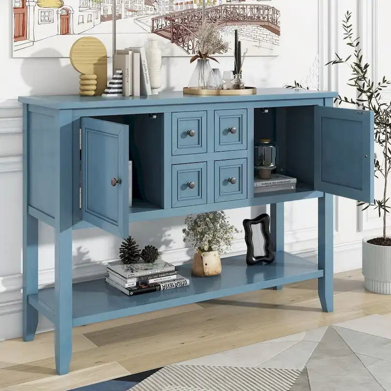 Console vintage de rangement avec quatre petits tiroirs et une étagère inférieure pour salons, entrées et cuisines
