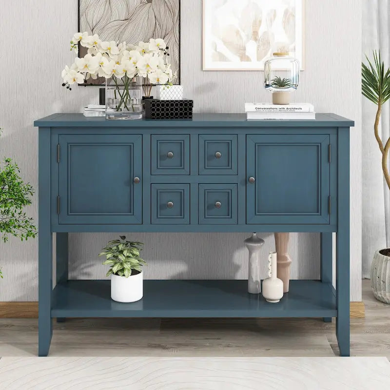 Console vintage de rangement avec quatre petits tiroirs et une étagère inférieure pour salons, entrées et cuisines