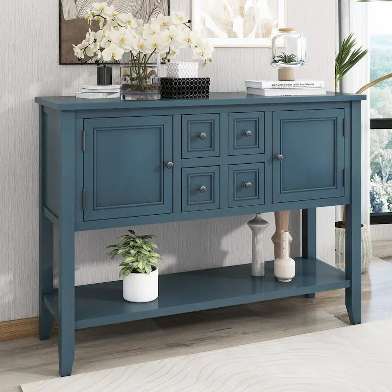 Console vintage de rangement avec quatre petits tiroirs et une étagère inférieure pour salons, entrées et cuisines