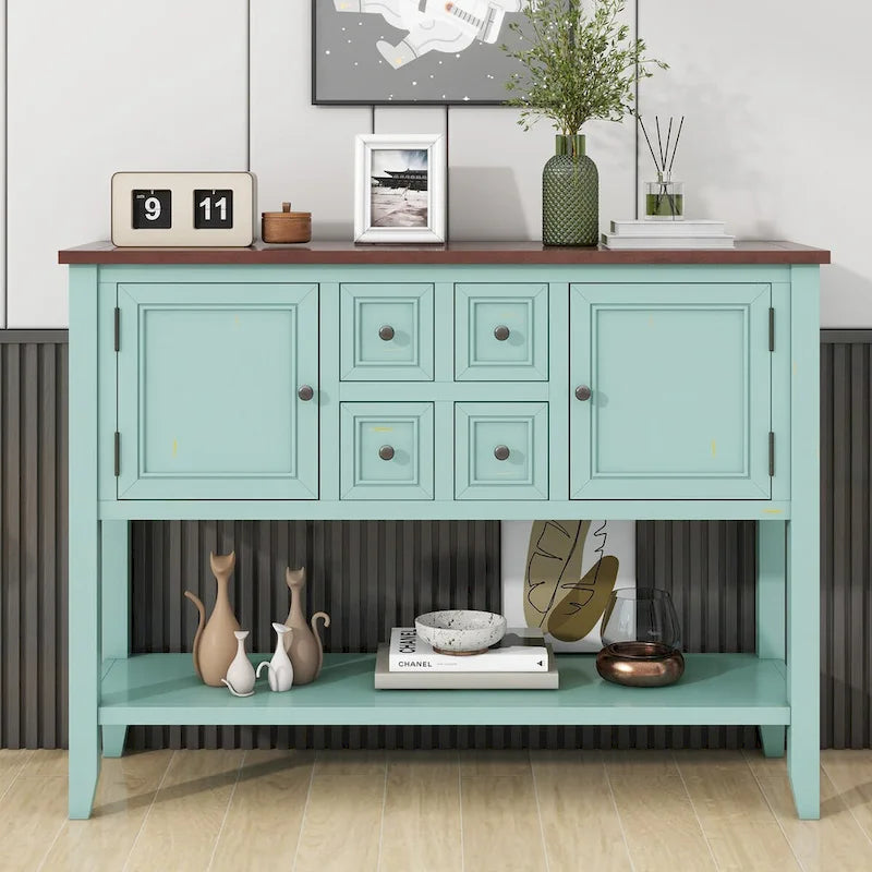 Console vintage de rangement avec quatre petits tiroirs et une étagère inférieure pour salons, entrées et cuisines