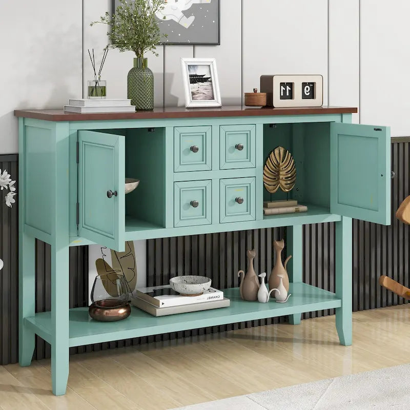 Console vintage de rangement avec quatre petits tiroirs et une étagère inférieure pour salons, entrées et cuisines