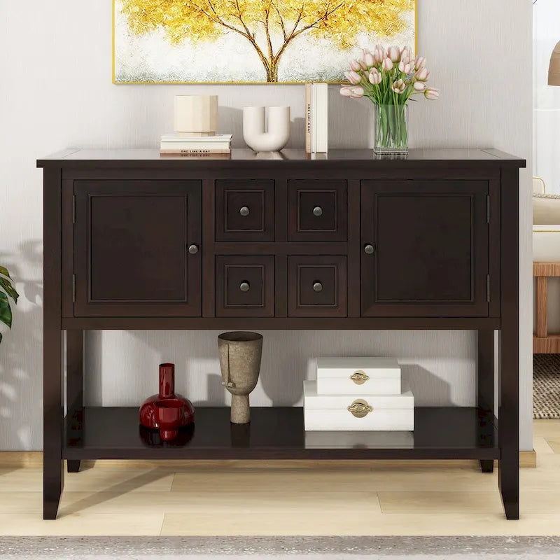 Console vintage de rangement avec quatre petits tiroirs et une étagère inférieure pour salons, entrées et cuisines