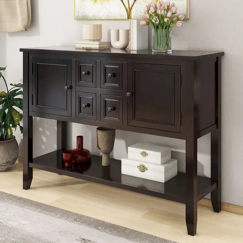 Console vintage de rangement avec quatre petits tiroirs et une étagère inférieure pour salons, entrées et cuisines