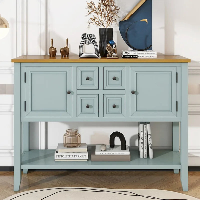 Console vintage de rangement avec quatre petits tiroirs et une étagère inférieure pour salons, entrées et cuisines