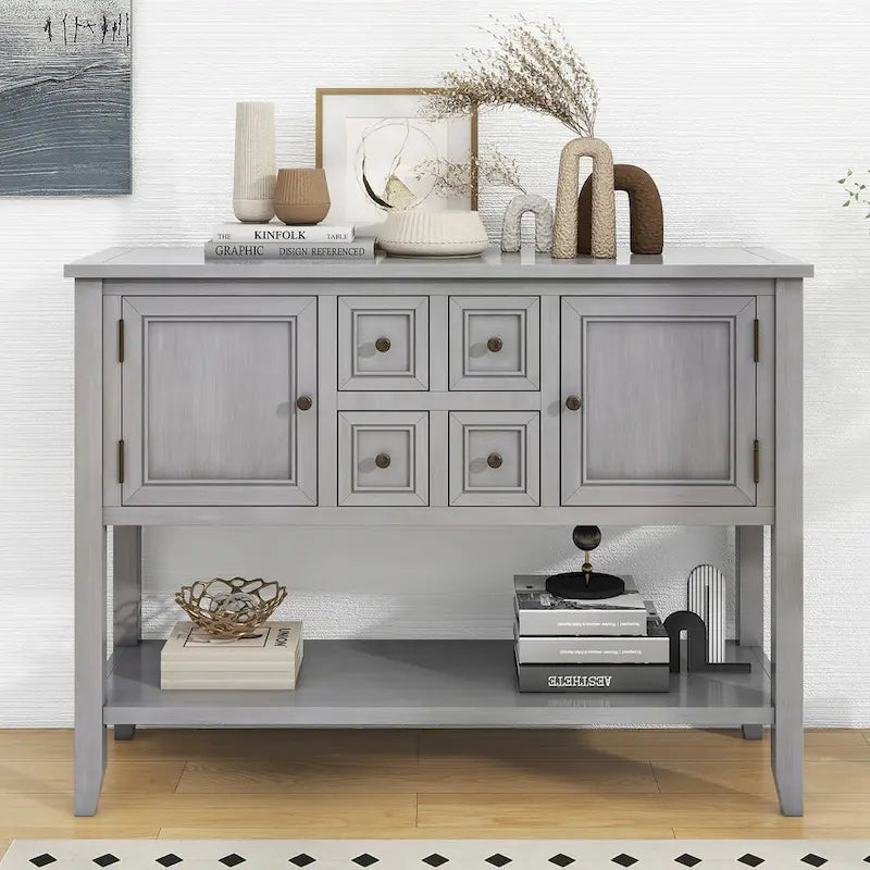 Console vintage de rangement avec quatre petits tiroirs et une étagère inférieure pour salons, entrées et cuisines