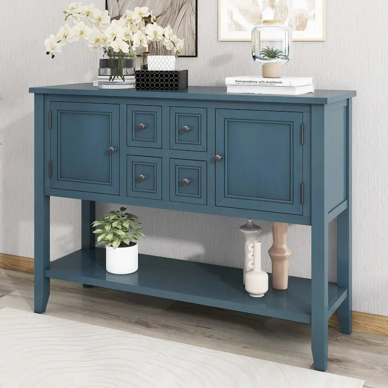 Console vintage de rangement avec quatre petits tiroirs et une étagère inférieure pour salons, entrées et cuisines