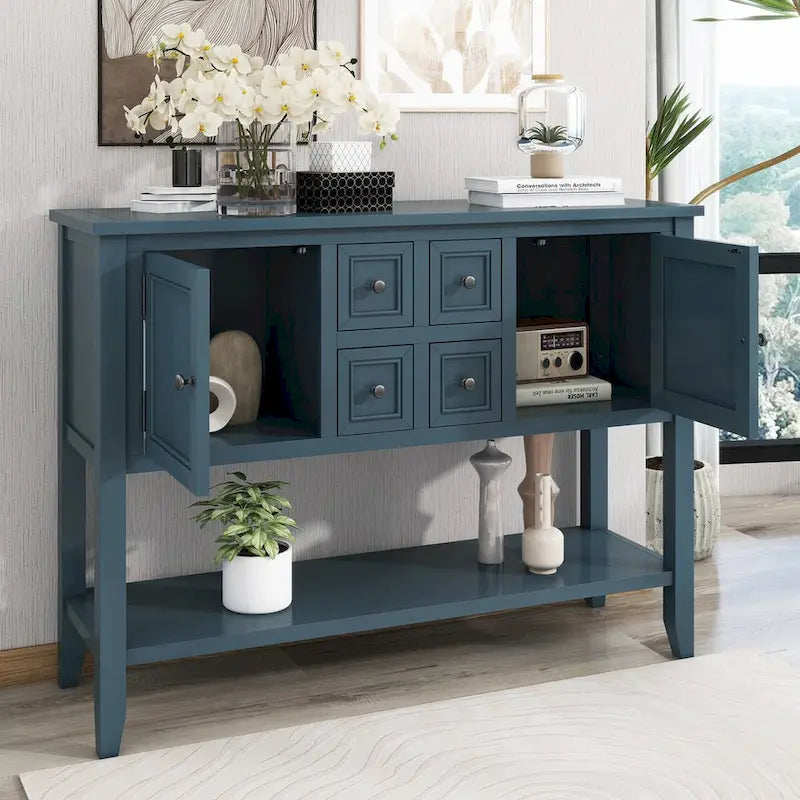 Console vintage de rangement avec quatre petits tiroirs et une étagère inférieure pour salons, entrées et cuisines