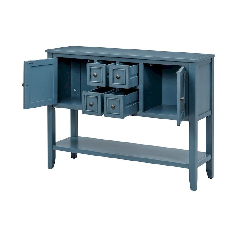 Console vintage de rangement avec quatre petits tiroirs et une étagère inférieure pour salons, entrées et cuisines