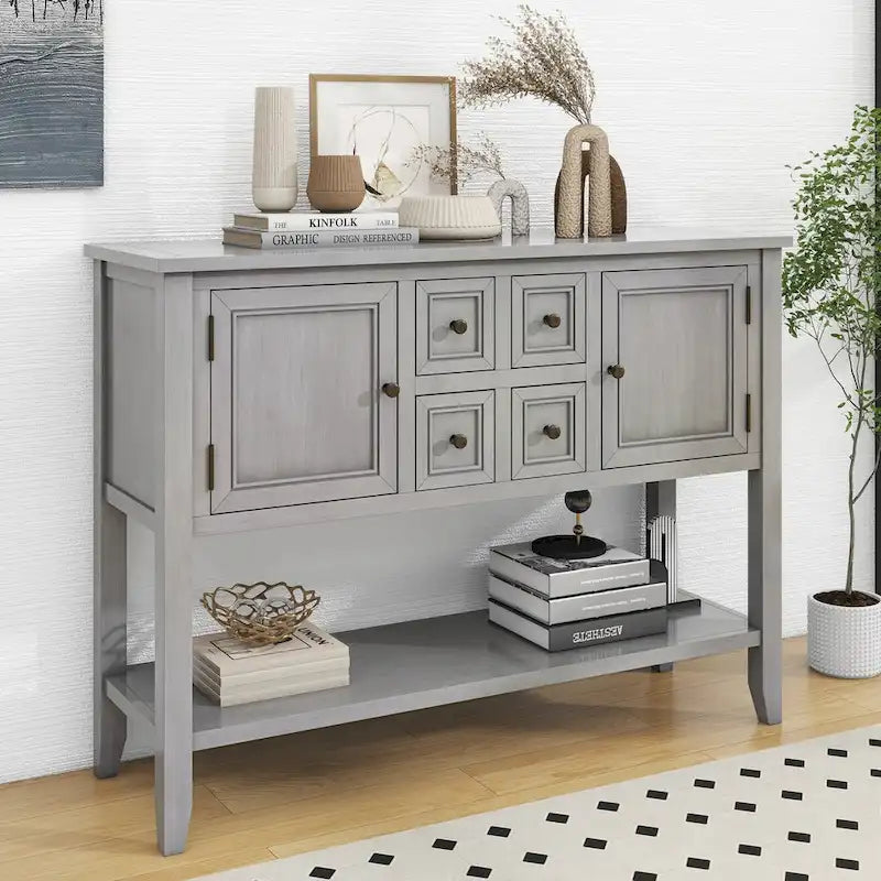 Console vintage de rangement avec quatre petits tiroirs et une étagère inférieure pour salons, entrées et cuisines