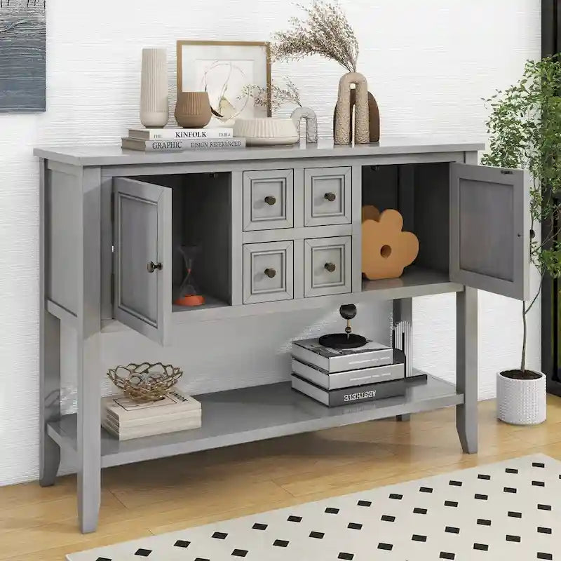 Console vintage de rangement avec quatre petits tiroirs et une étagère inférieure pour salons, entrées et cuisines