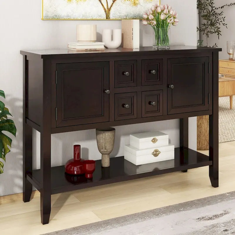 Console vintage de rangement avec quatre petits tiroirs et une étagère inférieure pour salons, entrées et cuisines