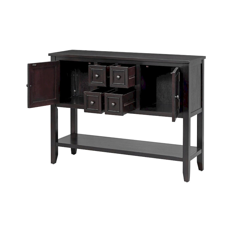 Console vintage de rangement avec quatre petits tiroirs et une étagère inférieure pour salons, entrées et cuisines