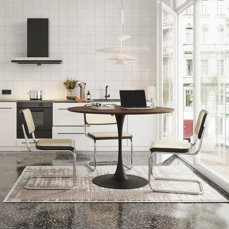 Table à manger ronde moderne, avec piètement en métal