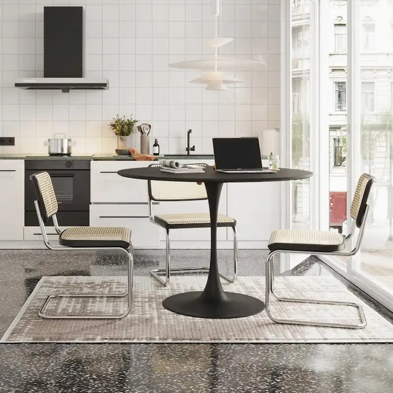 Table à manger ronde moderne, avec piètement en métal