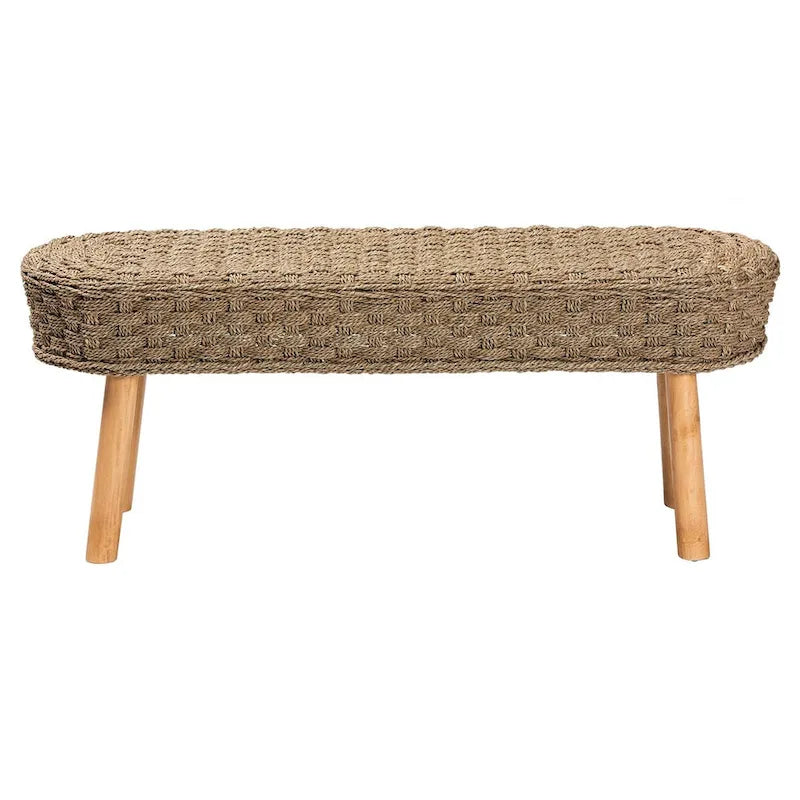 Modern Bohemian Natural Seagrass and Acacia Wood Accent Bench