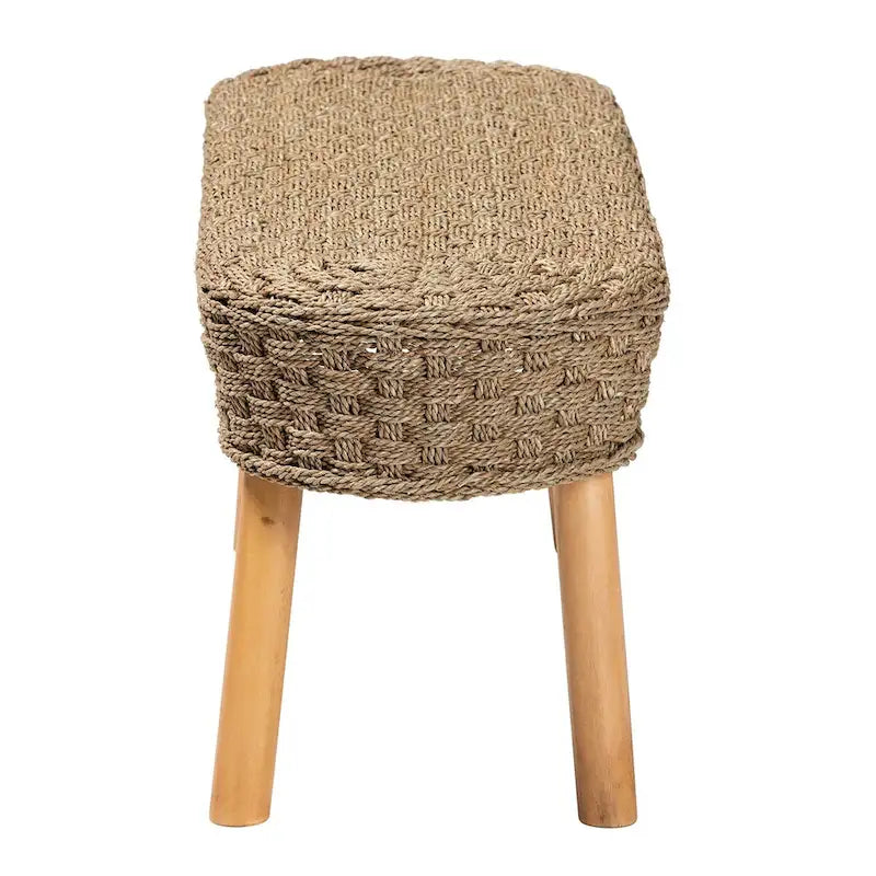 Modern Bohemian Natural Seagrass and Acacia Wood Accent Bench