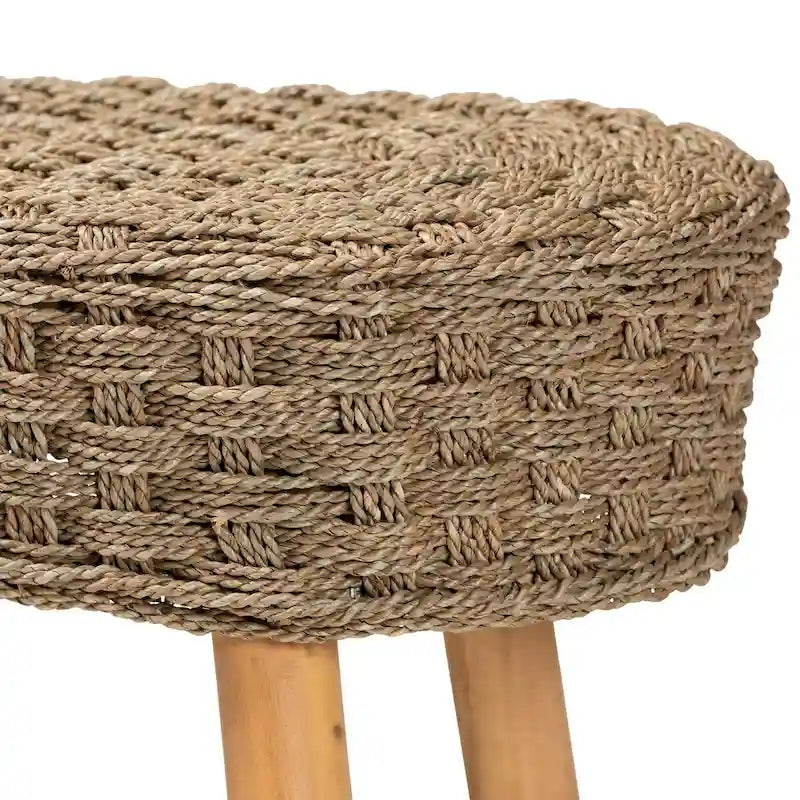 Modern Bohemian Natural Seagrass and Acacia Wood Accent Bench