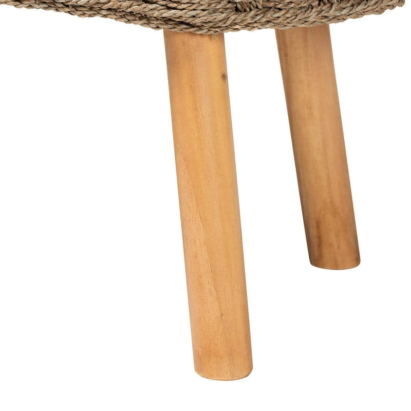 Modern Bohemian Natural Seagrass and Acacia Wood Accent Bench