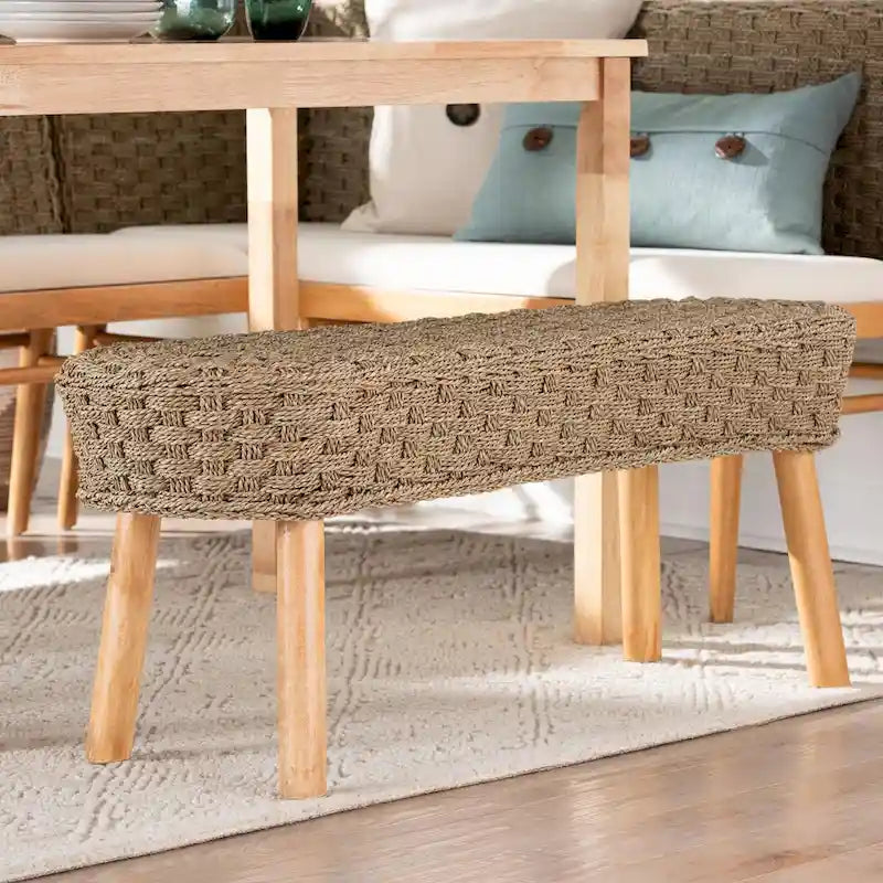Modern Bohemian Natural Seagrass and Acacia Wood Accent Bench