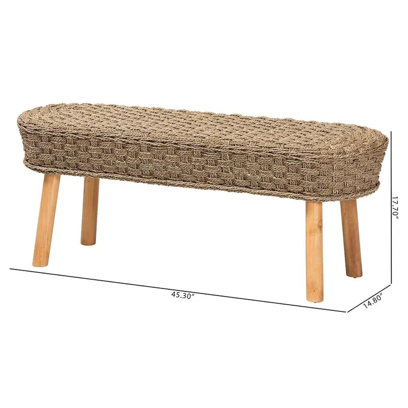 Modern Bohemian Natural Seagrass and Acacia Wood Accent Bench