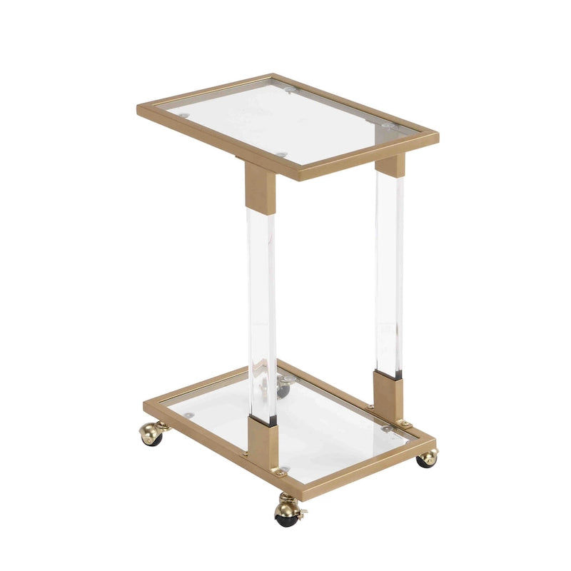 Table d'appoint en acrylique en forme de C, table de canapé avec plateau en verre et base en métal