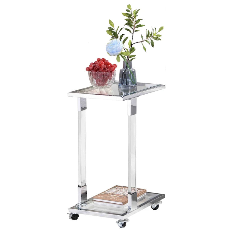 Table d'appoint en acrylique en forme de C, table de canapé avec plateau en verre et base en métal