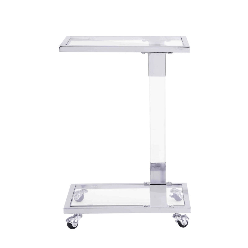 Table d'appoint en acrylique en forme de C, table de canapé avec plateau en verre et base en métal