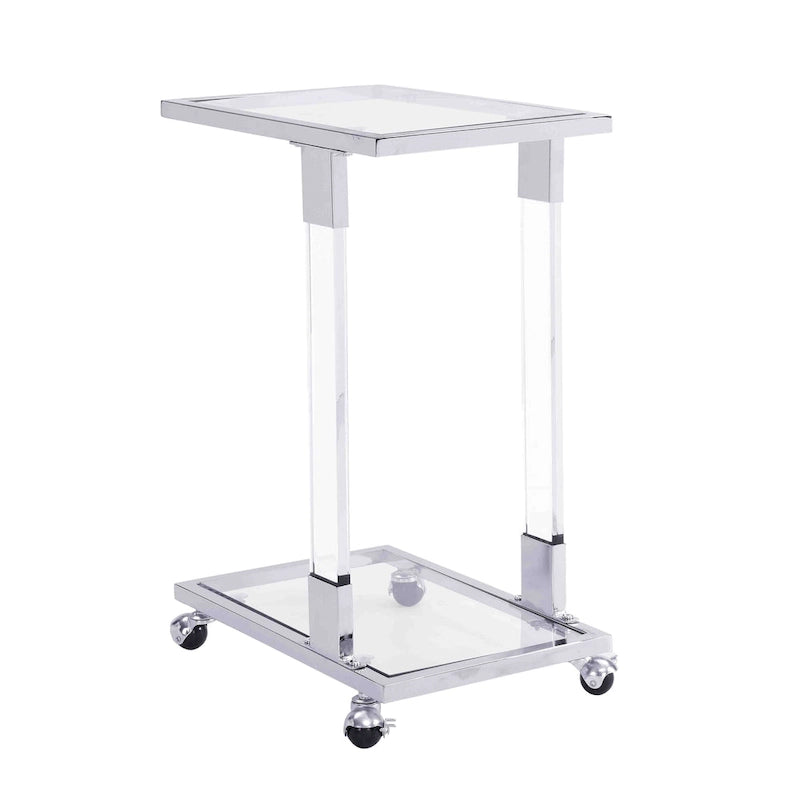 Table d'appoint en acrylique en forme de C, table de canapé avec plateau en verre et base en métal