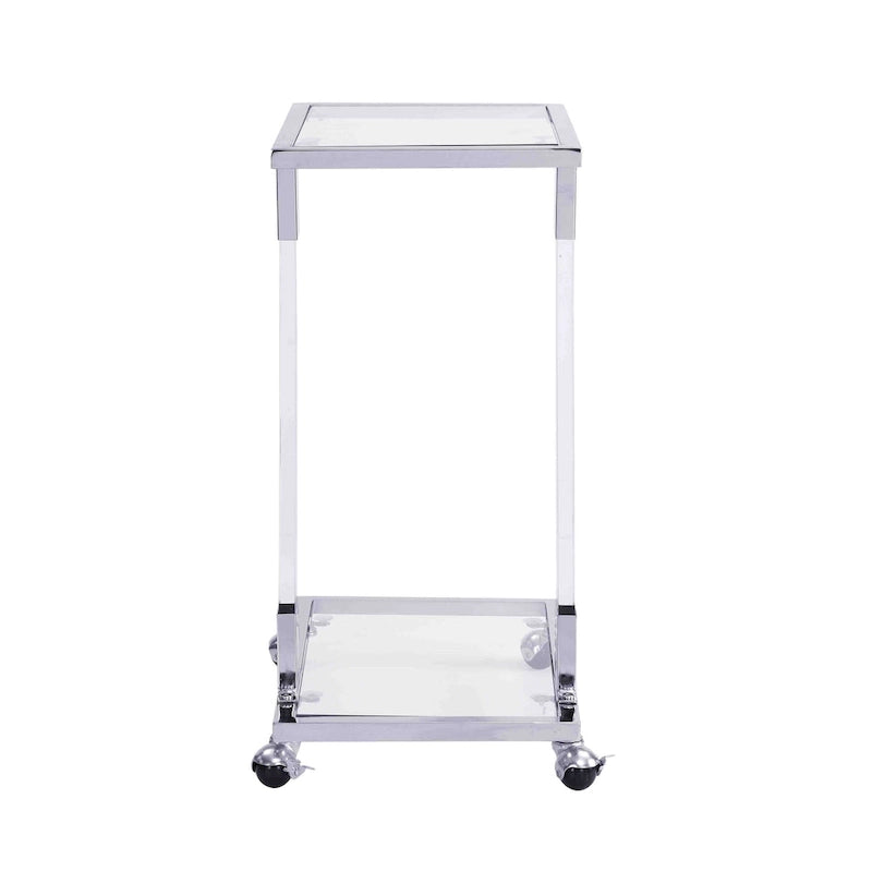Table d'appoint en acrylique en forme de C, table de canapé avec plateau en verre et base en métal
